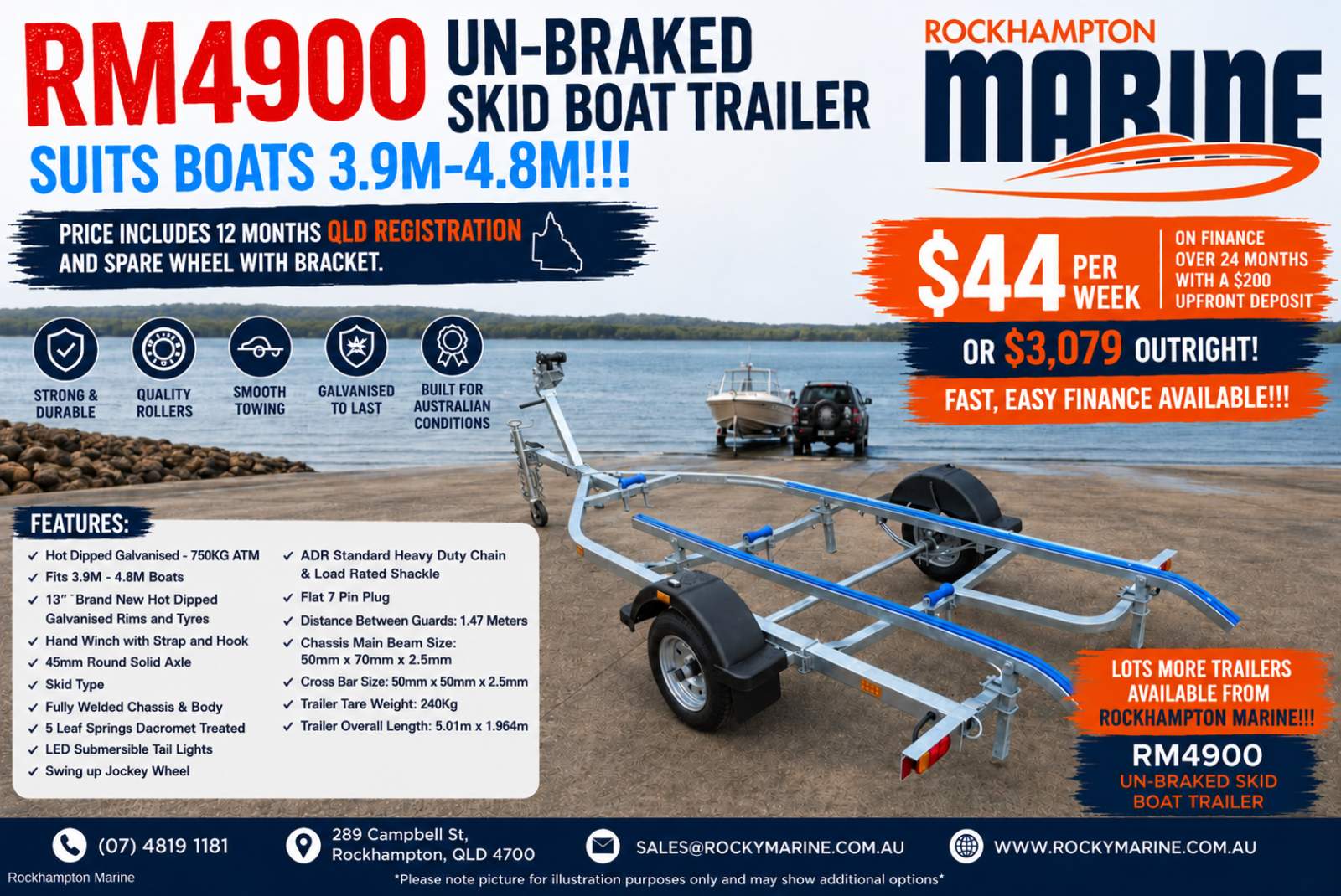 RM BOAT TRAILERS 4900 UN-BRAKED SKID BOAT TRAILER SUITS BOATS 3.9M-4.8M!